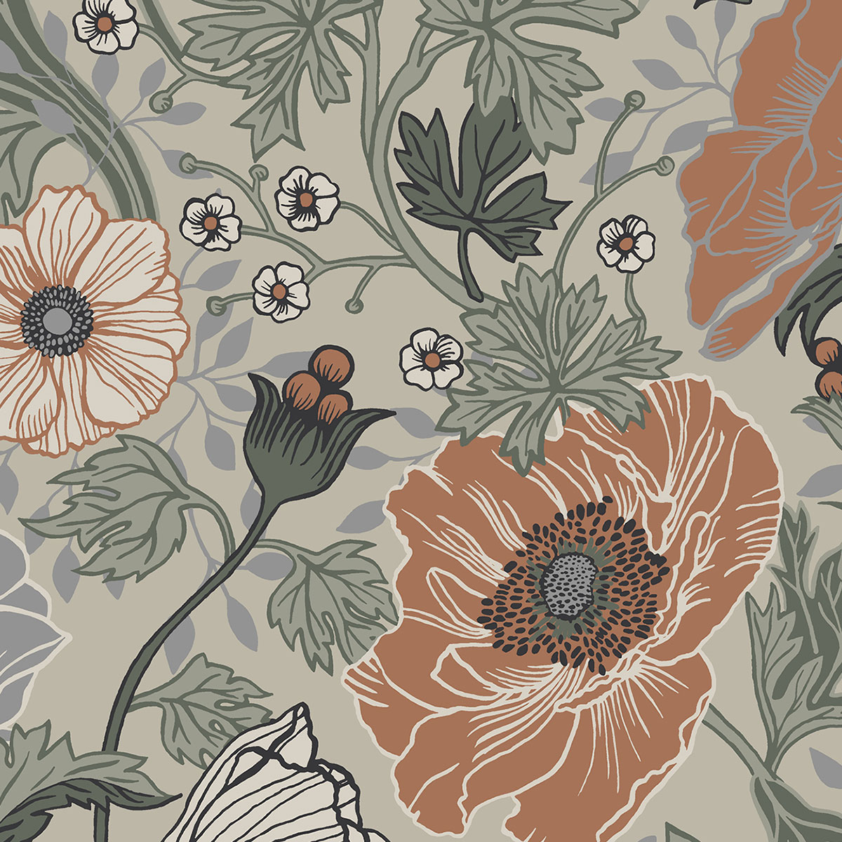 Apelviken Anemone Wallpaper Green Orange Galerie 33001