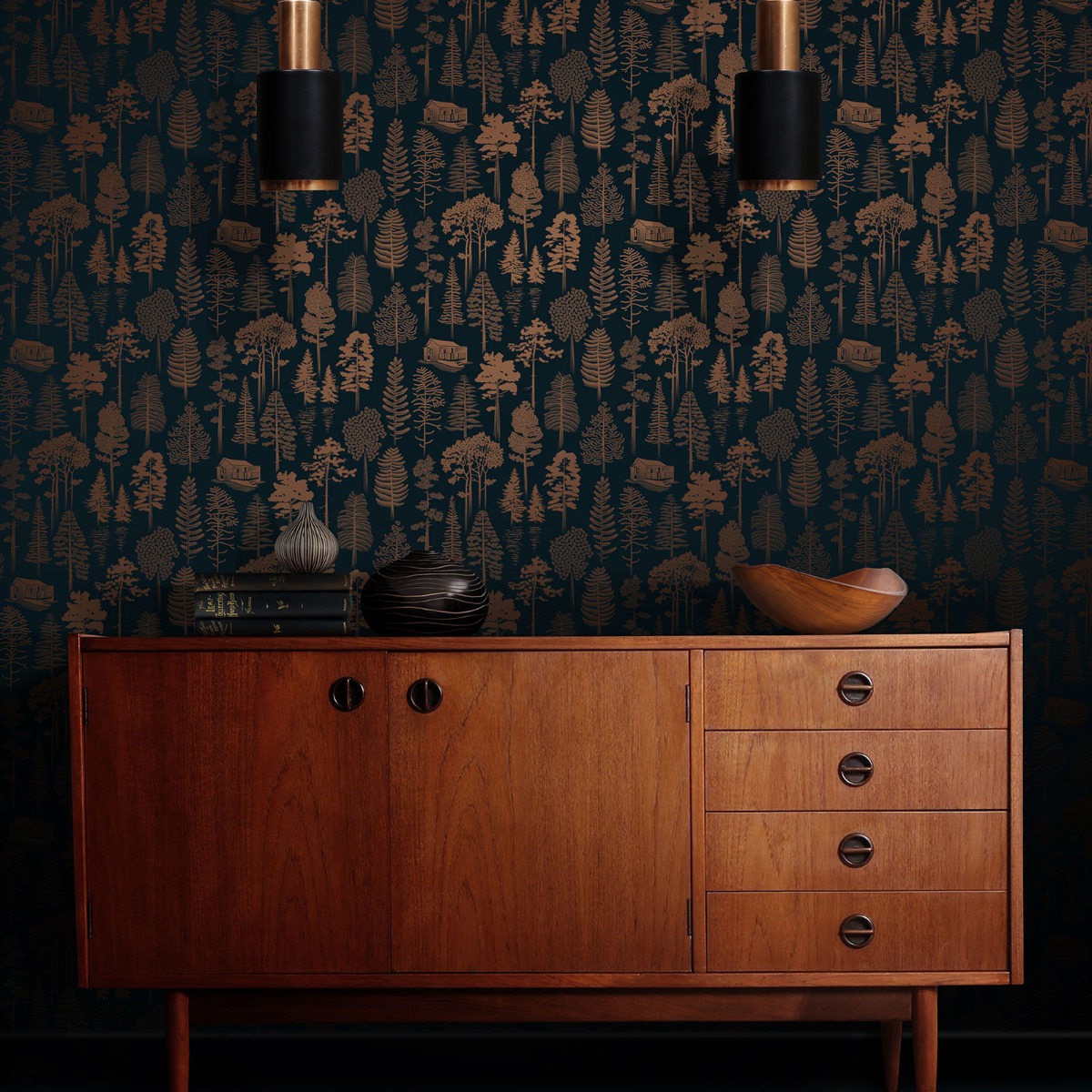 Catskills Woodland Wallpaper Midnight Blue and Copper - Mini Moderns MMTLG01MI