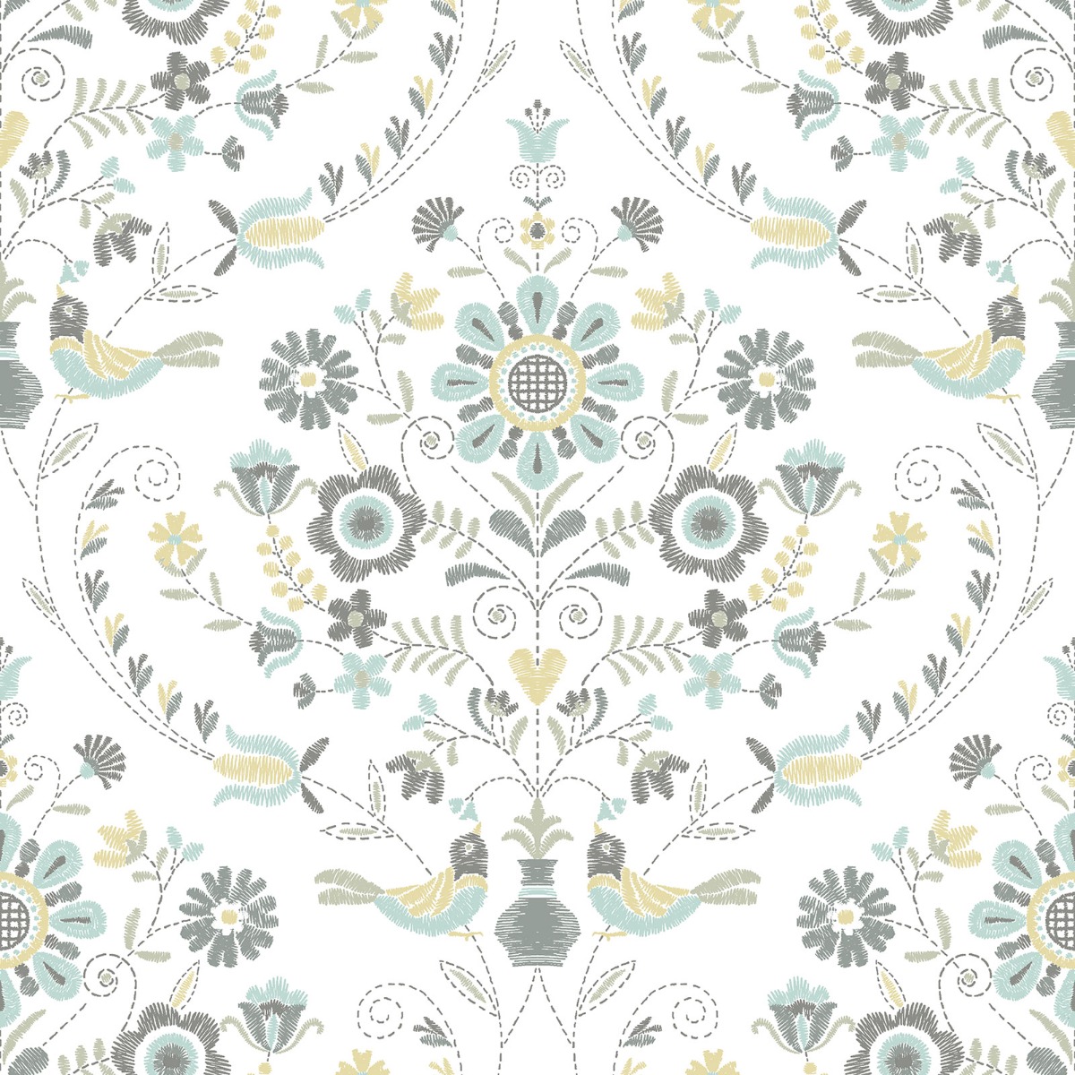 Britt Woodland Damask Vinyl Wallpaper Ochre / Turquoise Fine Decor FD26510