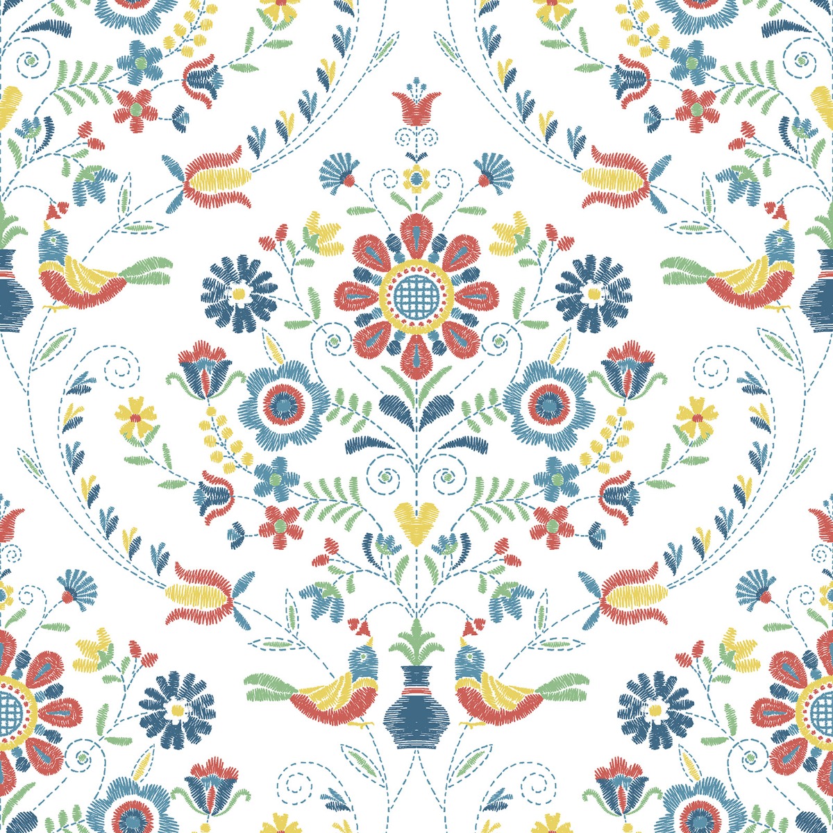 Britt Woodland Damask Vinyl Wallpaper Red / Blue Fine Decor FD26512